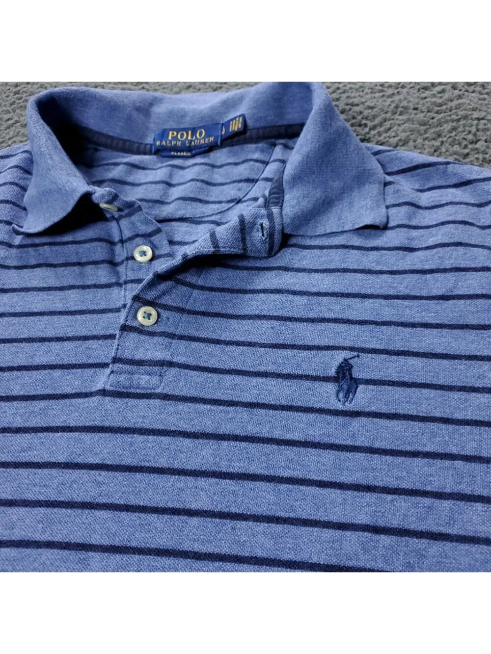 Polo Ralph Lauren Shirt Mens L Large Blue Striped Cotton Short Sleeve Casual